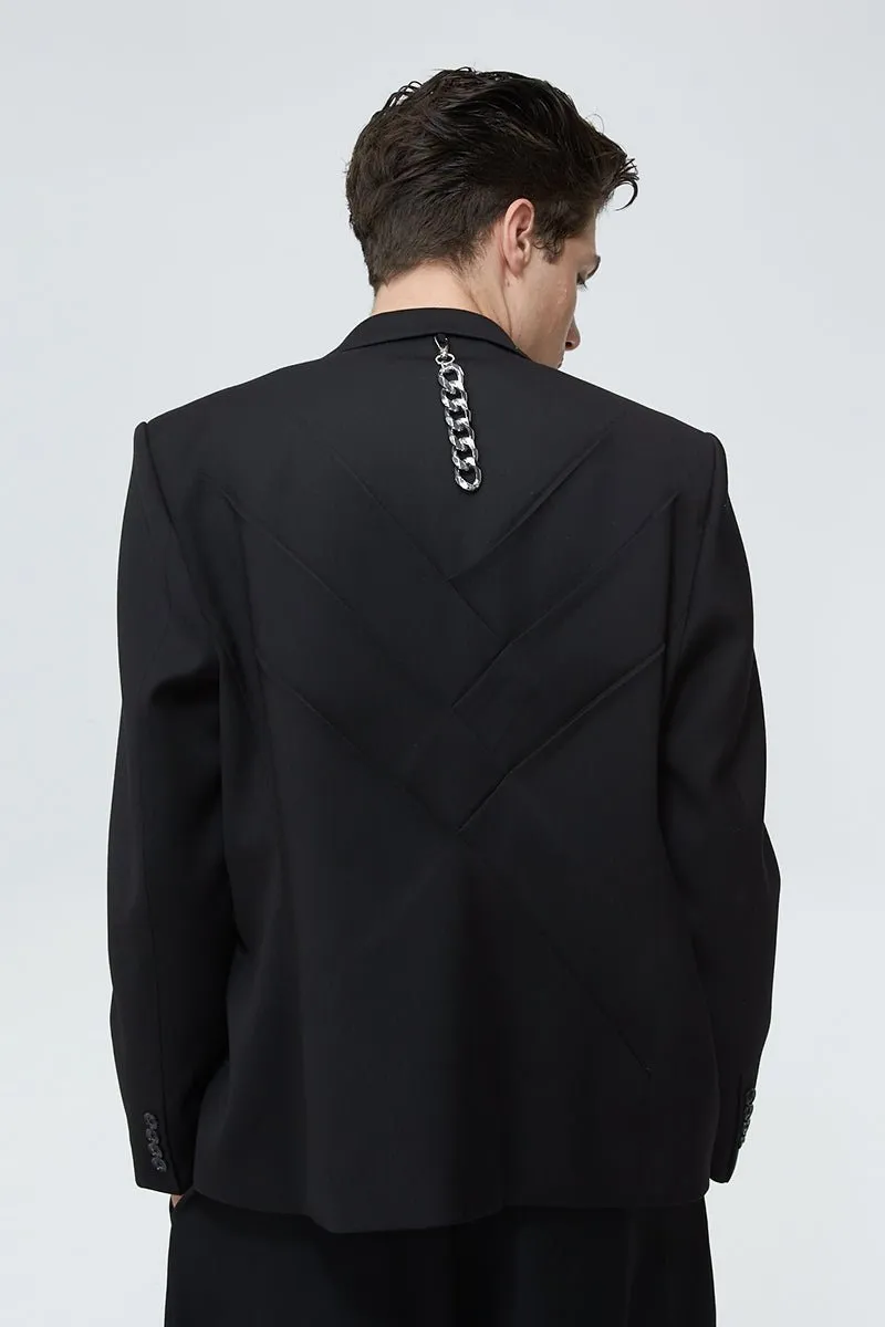 BLACK 3D Pleated Tailored Metal Chain Double-Breasted Suit