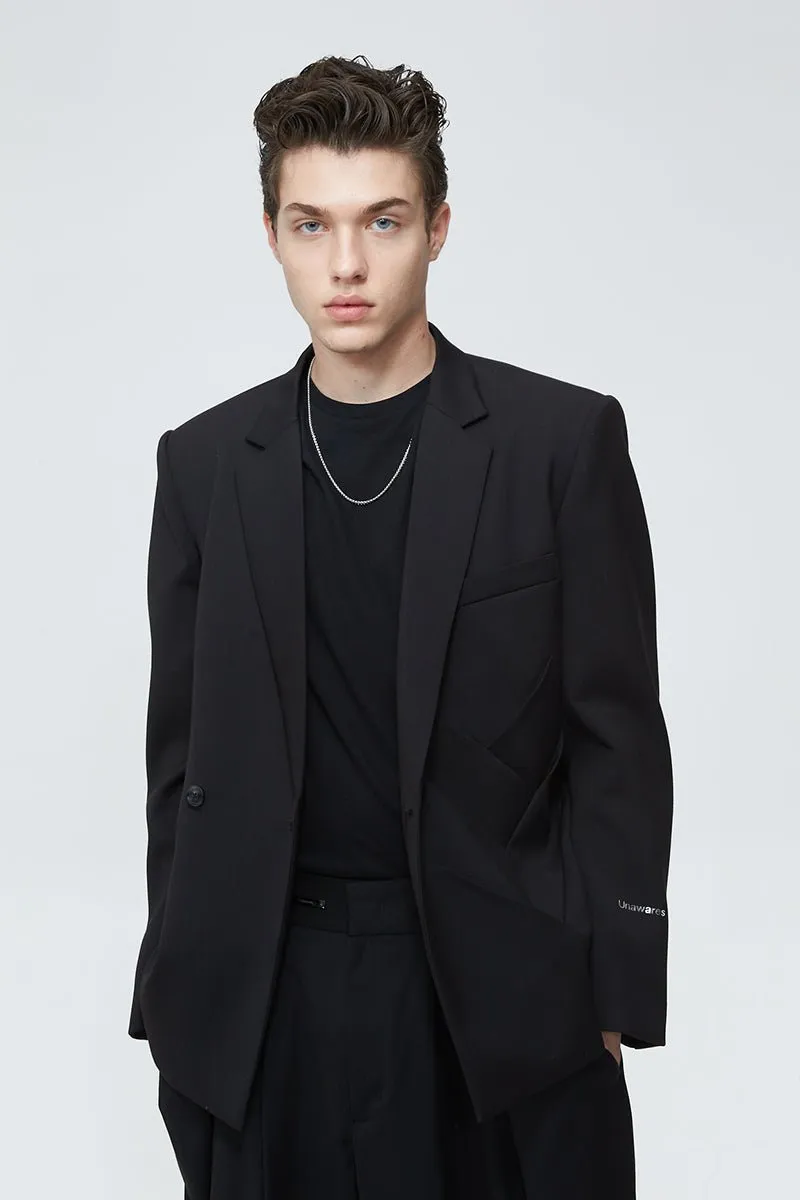 BLACK 3D Pleated Tailored Metal Chain Double-Breasted Suit