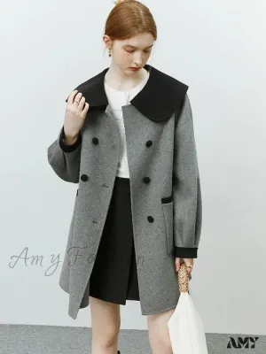 Contrasting Color Navy Collar Double-sided Vintage Mid-length Woolen Coat