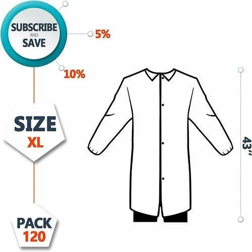 Disposable Lab Coats, 43" Long. Pack of 120 White Work Gowns X-Large.