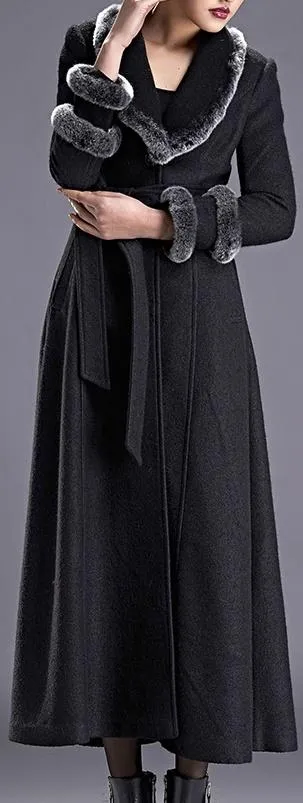 Fur-Trimmed Long Single-Breasted Wool Coat