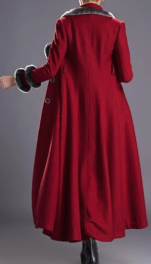 Fur-Trimmed Long Single-Breasted Wool Coat