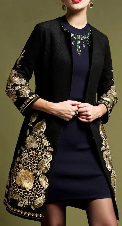Gold-Embellished Wool Coat in Black