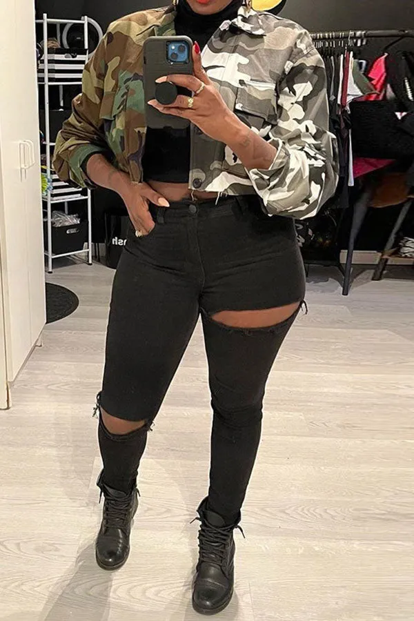 xiangtuibao Hit Color Camouflage Feminine Patch Pocket Coat