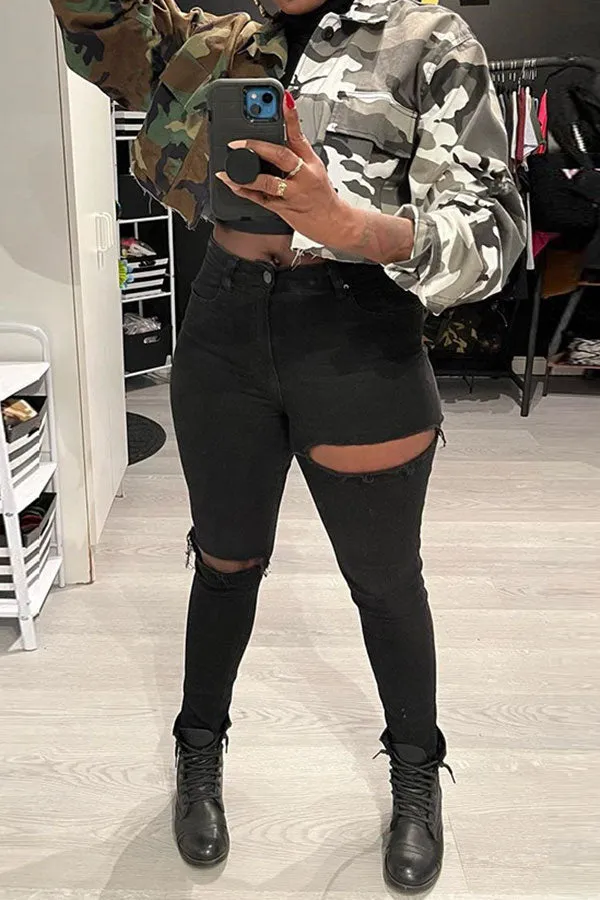 xiangtuibao Hit Color Camouflage Feminine Patch Pocket Coat